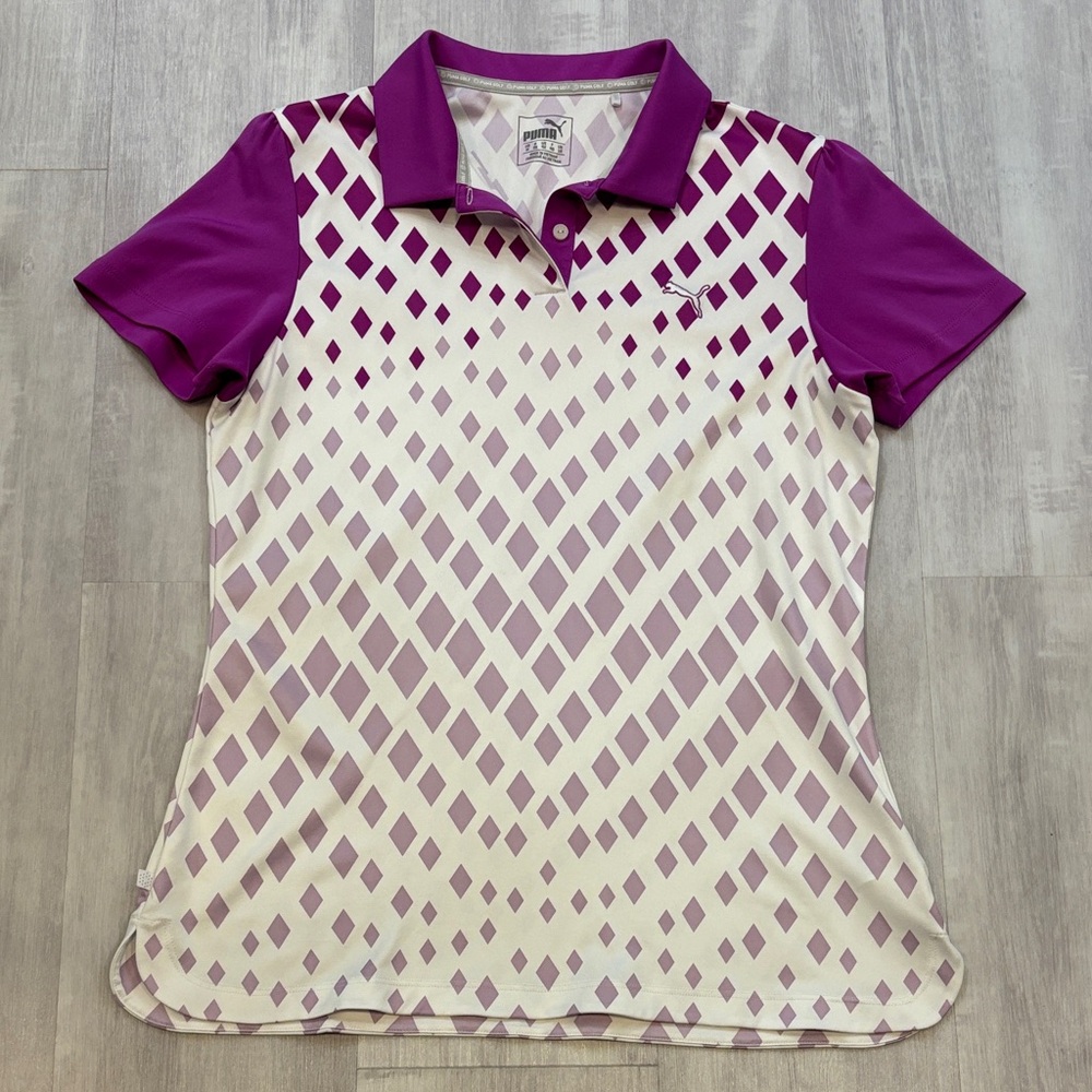 Puma Golf Dry Cell Purple and White Diamond Pattern Women’s Polo